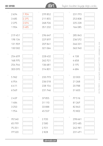 4.S�n�f K���kten B�y��e Say� S�ralama(4) Etkinli�i