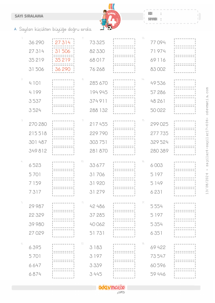 4.S�n�f K���kten B�y��e Say� S�ralama(5) Etkinli�i