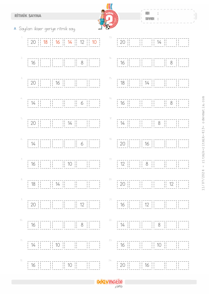 2.S�n�f 20�ye Kadar Say�larla �ki�er Geri Ritmik Sayma(5) Etkinli�i