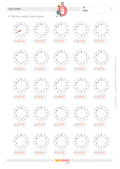 3.S�n�f 10 Dakika Aral�kl� 12 Saatlik Saat �izme(3) Etkinli�i