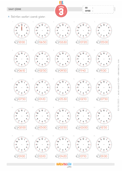 3.S�n�f 10 Dakika Aral�kl� 12 Saatlik Saat �izme(5) Etkinli�i