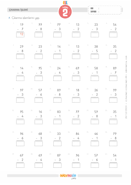 2.S�n�f 2 Basamakl� ile 1 Basamakl� Onluk Bozmas�z ��karma ��lemi(1) Etkinli�i