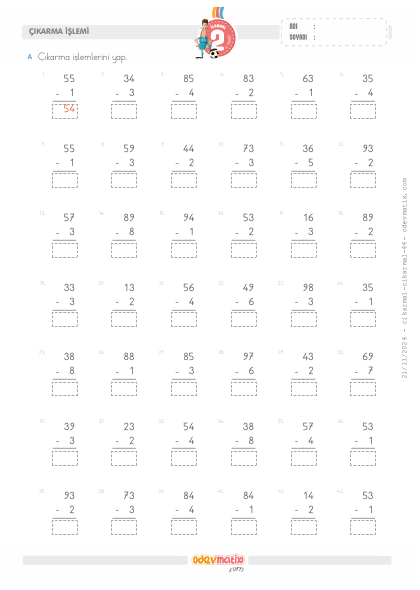 2.S�n�f 2 Basamakl� ile 1 Basamakl� Onluk Bozmas�z ��karma ��lemi(2) Etkinli�i