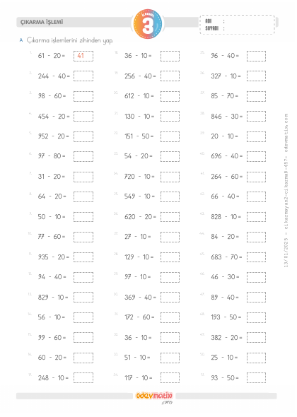 3.S�n�f Zihinden ��karma ��lemi(1) Etkinli�i