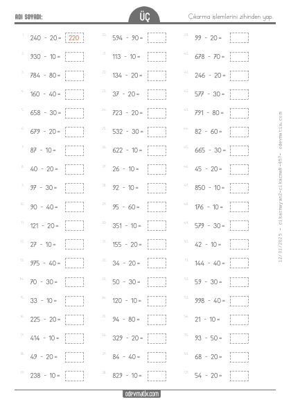 3.S�n�f Zihinden ��karma ��lemi(2) Etkinli�i