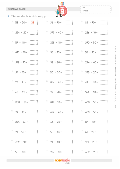 3.S�n�f Zihinden ��karma ��lemi(4) Etkinli�i