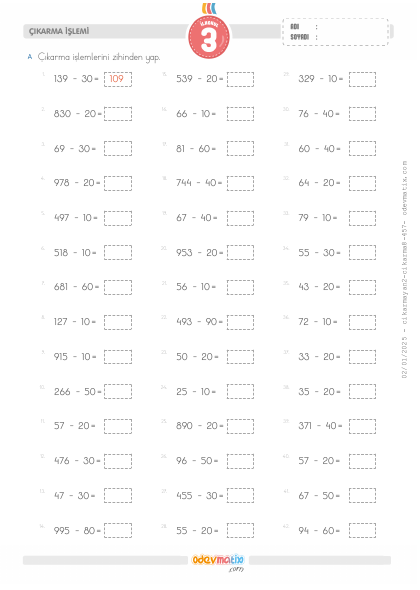 3.S�n�f Zihinden ��karma ��lemi(5) Etkinli�i