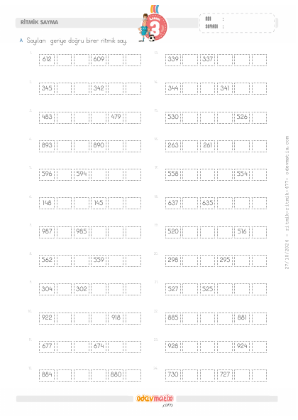 3.S�n�f Birer Geri Ritmik Sayma(5) Etkinli�i