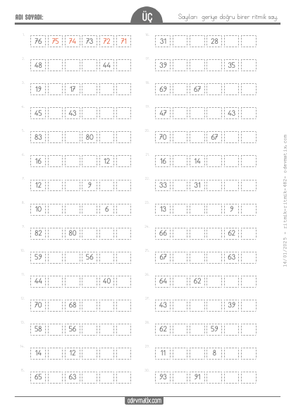 3.S�n�f Birer Geri Ritmik Sayma (100�e Kadar)(1) Etkinli�i