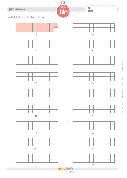 1.S�n�f 20�ye Kadar Say� Kadar�n� Boyama(1) Etkinli�i