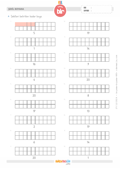 1.S�n�f 20�ye Kadar Say� Kadar�n� Boyama(2) Etkinli�i