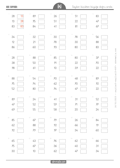 2.S�n�f 3 Say�l� K���kten B�y��e Kolay Say� S�ralama(1) Etkinli�i