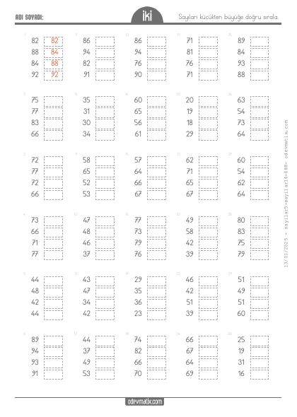 2.S�n�f 4 Say�l� K���kten B�y��e Say� S�ralama (4) Etkinli�i