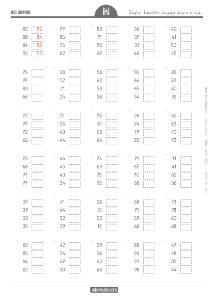 2.S�n�f 4 Say�l� K���kten B�y��e Say� S�ralama (5) Etkinli�i