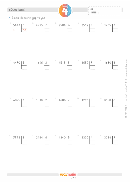 4.S�n�f 4 Basamakl� ile 1 Basamakl� Kalans�z B�lme(2) Etkinli�i