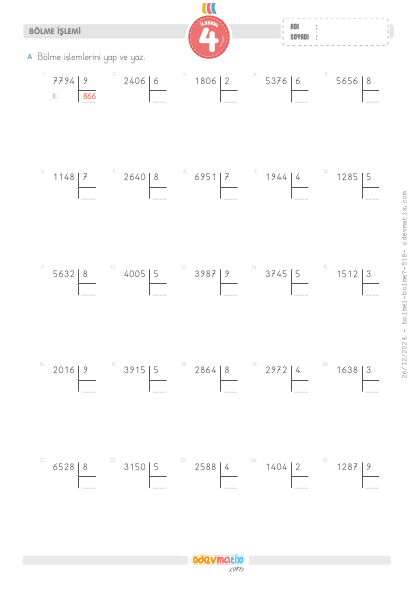 4.S�n�f 4 Basamakl� ile 1 Basamakl� Kalans�z B�lme(4) Etkinli�i