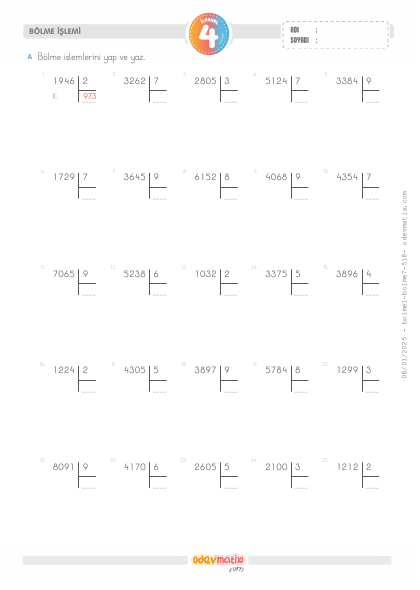 4.S�n�f 4 Basamakl� ile 1 Basamakl� Kalans�z B�lme(5) Etkinli�i