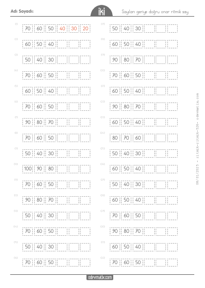 2.S�n�f Onar Geri Kolay Ritmik Sayma(2) Etkinli�i
