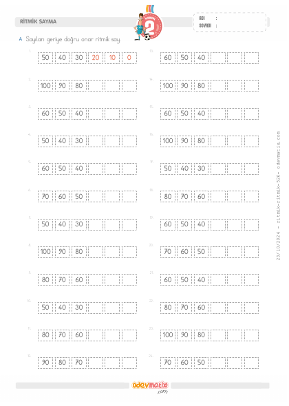 2.S�n�f Onar Geri Kolay Ritmik Sayma(5) Etkinli�i