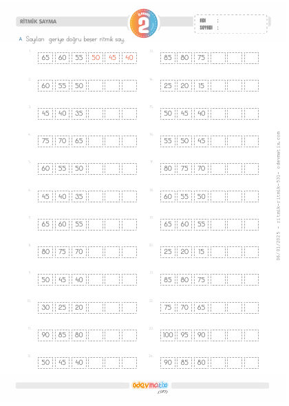 2.S�n�f Be�er Geri Kolay Ritmik Sayma(1) Etkinli�i