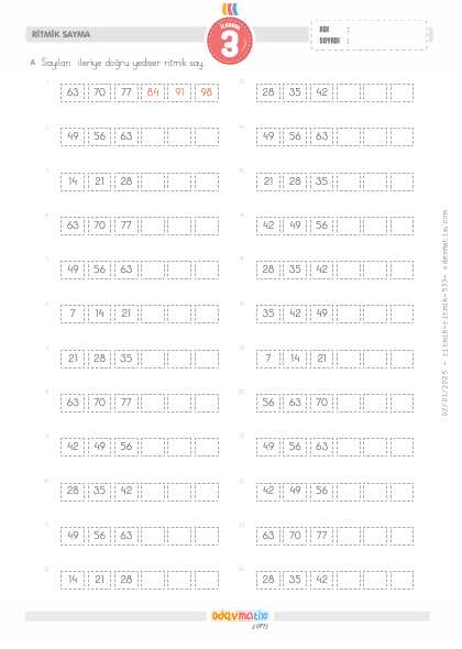 3.S�n�f Yedi�er �leri Kolay Ritmik Sayma(6) Etkinli�i