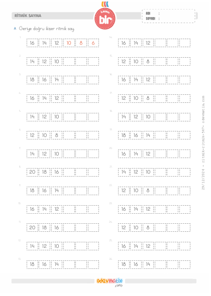 1.S�n�f �ki�er Geri Kolay Ritmik Sayma(3) Etkinli�i