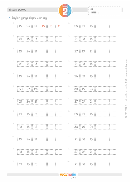 2.S�n�f ��er Geri Kolay Ritmik Sayma(4) Etkinli�i