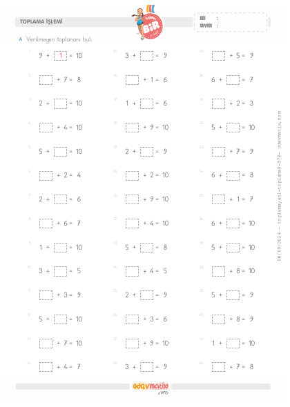1.S�n�f Verilmeyen Toplanan� Bulma (10�a Kadar) (Yan yana)(5) Etkinli�i