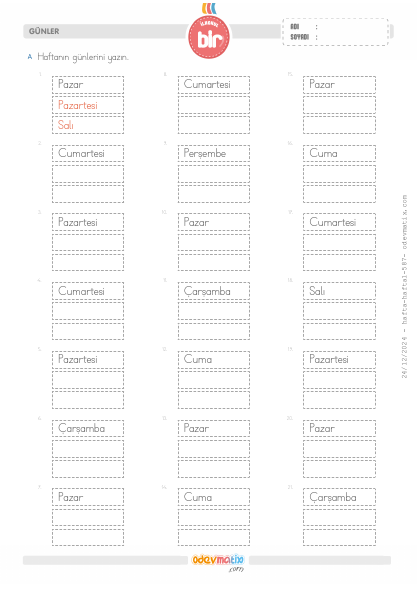 1.S�n�f Haftan�n G�nleri Etkinli�i(1) Etkinli�i