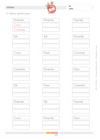 1.S�n�f Haftan�n G�nleri Etkinli�i(2) Etkinli�i