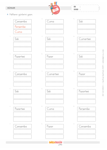 1.S�n�f Haftan�n G�nleri Etkinli�i(3) Etkinli�i