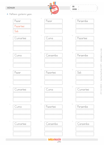 1.S�n�f Haftan�n G�nleri Etkinli�i(4) Etkinli�i