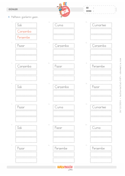 1.S�n�f Haftan�n G�nleri Etkinli�i(5) Etkinli�i