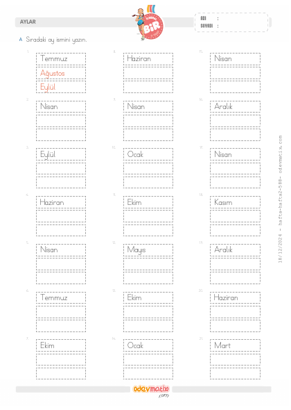 1.S�n�f Aylar Etkinli�i(3) Etkinli�i