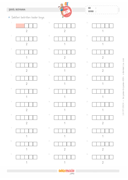1.S�n�f Say� Kadar�n� Boyama (2�ye kadar)(2) Etkinli�i