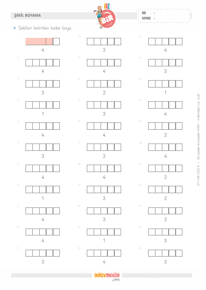 1.S�n�f Say� Kadar�n� Boyama (4�e kadar)(5) Etkinli�i