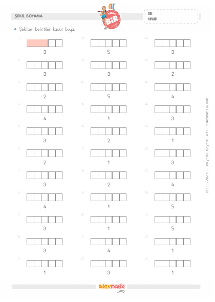 1.S�n�f Say� Kadar�n� Boyama (5�e kadar)(5) Etkinli�i