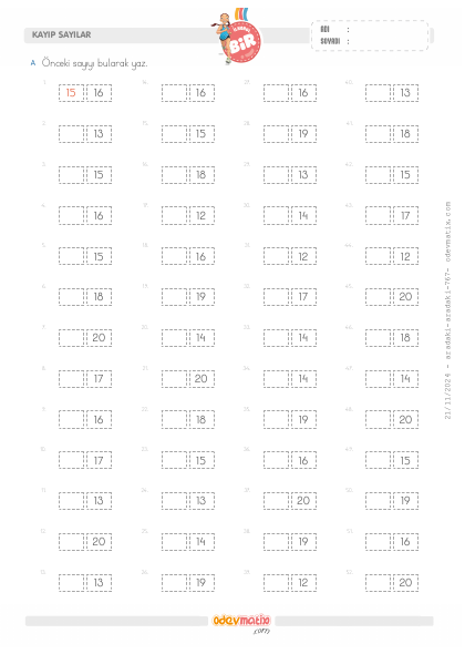 1.S�n�f �nceki Say�y� Bulma (20�ye Kadar)(1) Etkinli�i