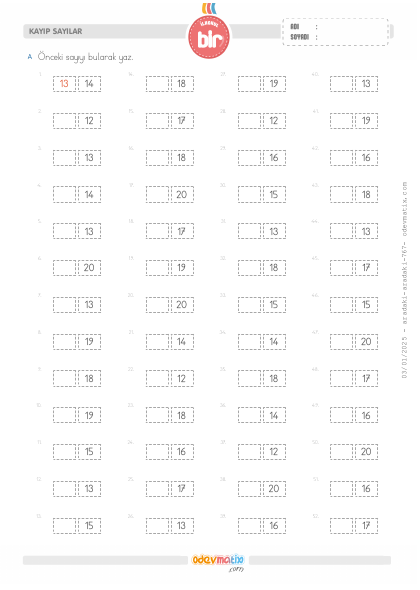 1.S�n�f �nceki Say�y� Bulma (20�ye Kadar)(2) Etkinli�i