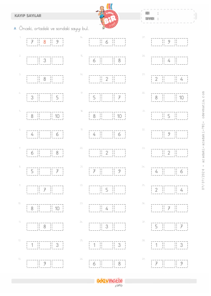 1.S�n�f �nceki, Aradaki ve Sondakini Bulma (10�a Kadar)(2) Etkinli�i