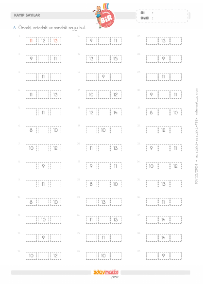 1.S�n�f �nceki, Aradaki ve Sondakini Bulma (15�e Kadar)(5) Etkinli�i