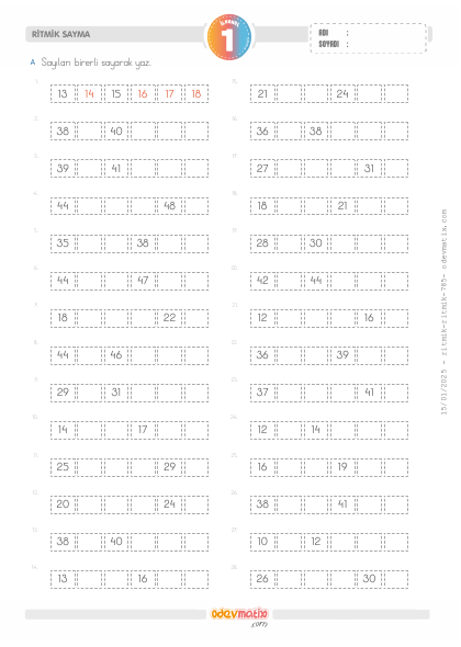 1.S�n�f Birer Ritmik Sayma (50�ye kadar)(5) Etkinli�i