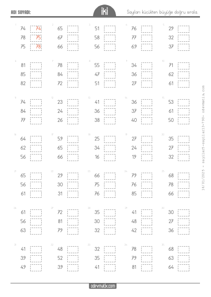 2.S�n�f 3 Say�l� K���kten B�y��e Say� S�ralama(3) Etkinli�i