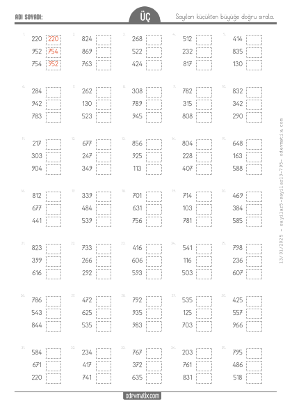 3.S�n�f 3 Say�l� K���kten B�y��e Kolay Say� S�ralama(3) Etkinli�i