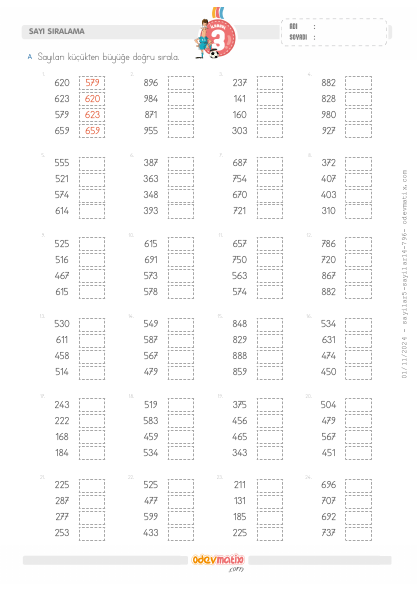 3.S�n�f 4 Say�l� K���kten B�y��e Say� S�ralama(3) Etkinli�i