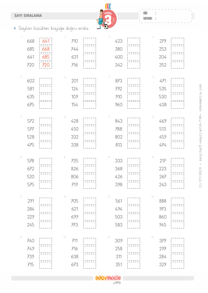 3.S�n�f 4 Say�l� K���kten B�y��e Say� S�ralama(4) Etkinli�i