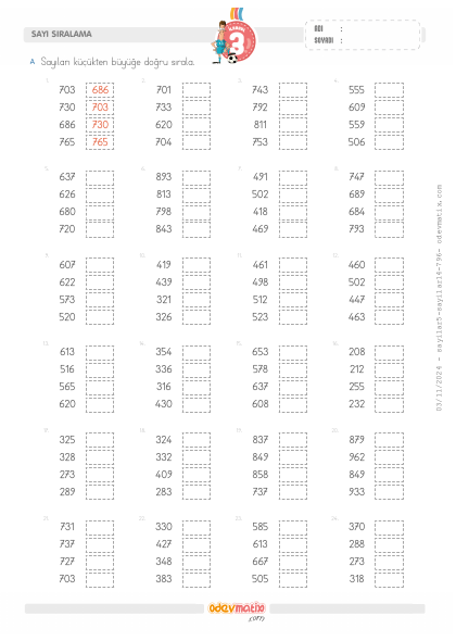 3.S�n�f 4 Say�l� K���kten B�y��e Say� S�ralama(5) Etkinli�i