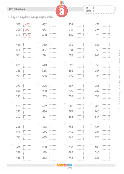 3.S�n�f 3 Say�l� B�y�kten K����e Say� S�ralama(1) Etkinli�i