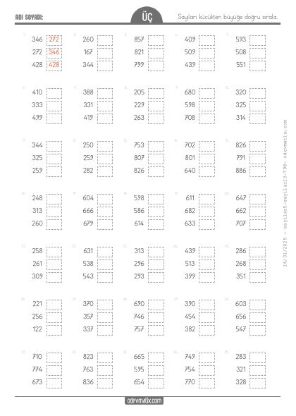 3.S�n�f 3 Say�l� K���kten B�y��e Say� S�ralama(3) Etkinli�i