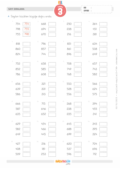 3.S�n�f 3 Say�l� K���kten B�y��e Say� S�ralama(4) Etkinli�i